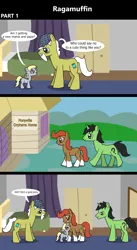 Size: 1920x3516 | Tagged: safe, artist:platinumdrop, derpibooru import, derpy hooves, oc, oc:anon, oc:anon stallion, earth pony, pegasus, pony, unicorn, comic:ragamuffin, 3 panel comic, awkward, bedroom, building, comic, commission, disappointed, female, filly, filly derpy, filly derpy hooves, foal, image, married couple, nuzzling, orphan, orphanage, path, playful, png, ponyville, sign, smiling, speech, speech bubble, talking, tongue out, walking, wings, younger