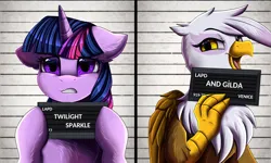 Size: 3200x1920 | Tagged: safe, artist:pridark, derpibooru import, gilda, twilight sparkle, gryphon, pony, unicorn, barbie mugshot meme, beak, duo, duo female, female, floppy ears, holding, image, mare, meme, mugshot, nervous, open beak, open mouth, open smile, png, unicorn twilight