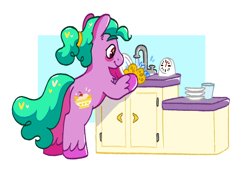 Size: 1280x914 | Tagged: safe, artist:msponies, derpibooru import, banana surprise, earth pony, pony, image, male, neurodivergent, neurodivergent headcanon, png, ponytail, solo, timer, trans male, transgender, transmasculine, washing