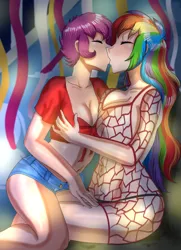 Size: 1424x1969 | Tagged: suggestive, artist:thebrokencog, derpibooru import, rainbow dash, scootaloo, human, equestria girls, age difference, big breasts, bra, breasts, busty rainbow dash, clothes, commission, crop top bra, daisy dukes, dress, drool, drool on face, eyes closed, female, hand on breasts, hand on leg, house, humanized, image, kissing, lesbian, minidress, older, older scootaloo, party, png, scootadash, shipping, shorts, sloppy kissing, underwear