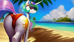 Size: 2688x1536 | Tagged: suggestive, derpibooru import, machine learning generated, stable diffusion, princess celestia, alicorn, pony, ai content, beach, butt, clothes, cloud, dock, ethereal mane, ethereal tail, female, generator:pony diffusion v5, image, jpeg, looking at you, looking back, looking back at you, mare, ocean, palm tree, panties, prompter:siber, rear view, solo, sunbutt, sunglasses, sunglasses on head, tail, tree, tropical, underwear, water