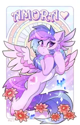 Size: 2232x3500 | Tagged: safe, artist:dandy, derpibooru import, oc, oc:amora jayflight, unofficial characters only, pegasus, pony, abstract background, artfight, blushing, ear fluff, eyeshadow, female, flower, flying, heart, high res, image, lily (flower), looking at you, makeup, modern art, nouveau, pale belly, pegasus oc, png, scar, shiny mane, solo, text, water, waterfall, wings