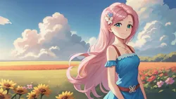 Size: 1920x1080 | Tagged: safe, derpibooru import, machine learning generated, stable diffusion, fluttershy, human, equestria girls, ai content, belt buckle, blue dress, blue eyes, butterfly hairpin, cloud, flower, generator:divineelegancemixv5, generator:mlpfluttershy-11, grass, image, jewelry, jpeg, necklace, pink hair, prompter:marusame, solo, sunflower