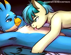 Size: 4093x3169 | Tagged: suggestive, artist:jcosneverexisted, derpibooru import, gallus, sandbar, gryphon, pony, bed, gallbar, gay, image, jpeg, looking each other, lying, male, shipping, tongue out