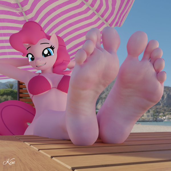 Size: 3840x3840 | Tagged: suggestive, artist:kenaga, derpibooru import, parasol, pinkie pie, anthro, earth pony, plantigrade anthro, ankles, arm behind head, armpits, beach, beach chair, beach umbrella, belly button, bikini, bikini top, breasts, busty pinkie pie, chair, clothes, feet, fetish, foot fetish, foot focus, image, legs, looking at you, midriff, mountain, nail polish, outdoors, plant, png, seaside, sitting, smiling, smiling at you, soles, swimsuit, table, toenail polish, toenails, toes, toothy grin, umbrella