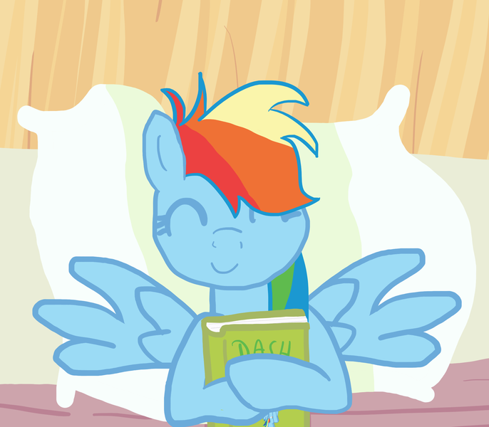 Size: 2031x1777 | Tagged: safe, artist:wissle, derpibooru import, rainbow dash, pegasus, pony, read it and weep, atg 2023, bed, book, exploitable meme, eyes closed, female, happy, hug, image, lying down, mare, meme, newbie artist training grounds, pillow, png, reading, reading rainbow, simple background, smiling, solo, transparent background