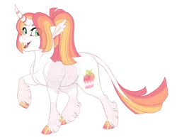 Size: 3500x2700 | Tagged: safe, artist:gigason, derpibooru import, oc, oc:sunrise sherbet, unofficial characters only, pony, unicorn, fangs, female, image, leonine tail, looking at you, magical lesbian spawn, mare, offspring, open mouth, open smile, parent:fire flare, parent:oc:pineberry, parents:canon x oc, png, simple background, smiling, smiling at you, solo, tail, transparent background, watermark