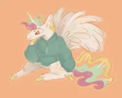 Size: 1075x860 | Tagged: safe, artist:msponies, derpibooru import, princess celestia, alicorn, pony, clothes, facial hair, goatee, hoodie, image, male, orange background, png, simple background, solo, spread wings, trans male, transgender, wings