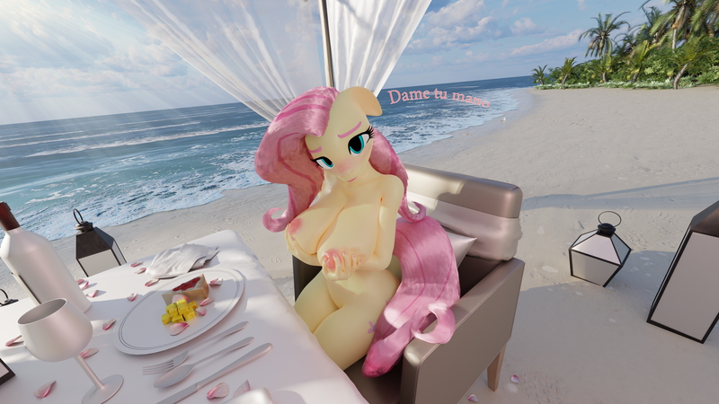 Size: 3840x2160 | Tagged: questionable, artist:flutterpink_3d, derpibooru import, fluttershy, anthro, art pack:burras calientes, 3d, beach, big breasts, blender, blender cycles, breast grab, breasts, burras calientes:edicion verano, busty fluttershy, female, grope, image, looking at you, nipples, nudity, png, sitting, smiling, smiling at you, spanish, spanish text