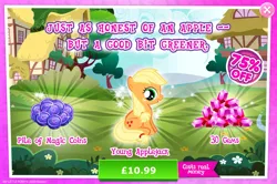 Size: 1961x1301 | Tagged: safe, derpibooru import, official, applejack, earth pony, pony, advertisement, costs real money, engrish, female, filly, filly applejack, foal, freckles, gameloft, gem, image, jpeg, magic coins, mare, mobile game, my little pony: magic princess, numbers, sale, solo, text, younger