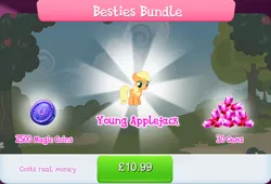 Size: 1268x860 | Tagged: safe, derpibooru import, official, applejack, earth pony, pony, bundle, costs real money, engrish, female, filly, filly applejack, foal, freckles, gameloft, gem, image, jpeg, magic coins, mare, mobile game, my little pony: magic princess, numbers, sale, solo, text, younger