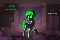 Size: 2469x1625 | Tagged: safe, artist:moonatik, derpibooru import, oc, oc:bytewave, unofficial characters only, pegasus, pony, barrel, camera, clothes, collar, commission, gas, gas mask, gas tank, image, laboratory, latex, latex socks, latex suit, male, mask, monitor, pegasus oc, png, rubber drone, screen, socks, solo, stallion, wings