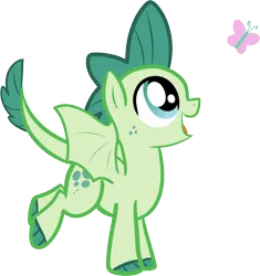 Size: 1477x1570 | Tagged: safe, artist:mishti14, derpibooru import, oc, oc:turquoise blitz, unofficial characters only, butterfly, dracony, hybrid, insect, pony, kilalaverse, colt, foal, image, interspecies offspring, looking up, male, offspring, open mouth, open smile, parent:rarity, parent:spike, parents:sparity, png, simple background, smiling, solo, transparent background