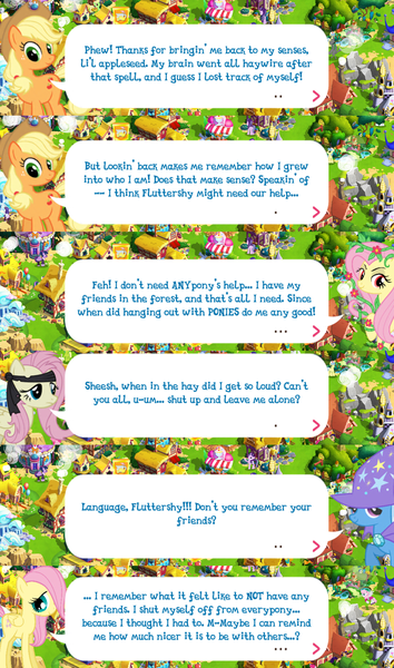 Size: 2048x3475 | Tagged: safe, derpibooru import, idw, applejack, fluttershy, mean fluttershy, trixie, earth pony, pegasus, pony, unicorn, the mean 6, applejack's hat, brooch, cape, clone, clothes, cowboy hat, dialogue, dialogue box, english, event, female, filly, flower, foal, folded wings, gameloft, hat, headband, idw showified, image, jewelry, mare, mobile game, my little pony: magic princess, png, poison ivyshy, speech bubble, text, trixie's cape, trixie's hat, vine, wings