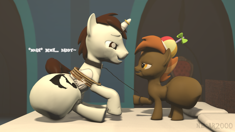 Size: 1920x1080 | Tagged: suggestive, artist:neoar2000, derpibooru import, button mash, oc, oc:neo star, alicorn, pony, 3d, bdsm, collar, colt, commission, foal, foalcon, gay, image, large butt, leash, male, png, shipping, source filmmaker, the ass was fat, tied up, underage