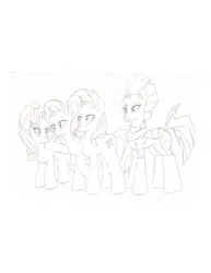 Size: 1275x1650 | Tagged: safe, artist:artevi, derpibooru import, starlight glimmer, sunset shimmer, tempest shadow, trixie, pony, unicorn, image, jpeg, pencil drawing, traditional art