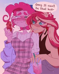 Size: 1440x1800 | Tagged: safe, artist:dreamz, derpibooru import, part of a set, pinkie pie, sunset shimmer, human, chicken meat, chicken wing, drink, duo, food, gradient background, humanized, image, jpeg, meat, speech bubble, spicy