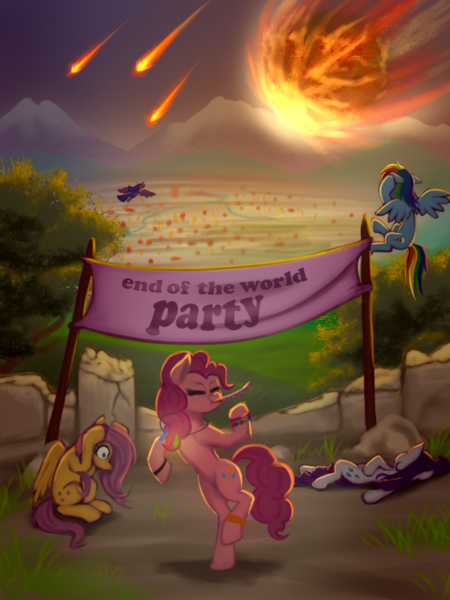 Size: 1280x1707 | Tagged: safe, artist:zetamad, derpibooru import, fluttershy, pinkie pie, rainbow dash, rarity, twilight sparkle, twilight sparkle (alicorn), alicorn, earth pony, pegasus, pony, unicorn, atg 2023, banner, family guy death pose, female, flying, image, leg band, lying down, mare, meteor, newbie artist training grounds, one of these things is not like the others, party, png, spread wings, wings, xk-class end-of-the-world scenario
