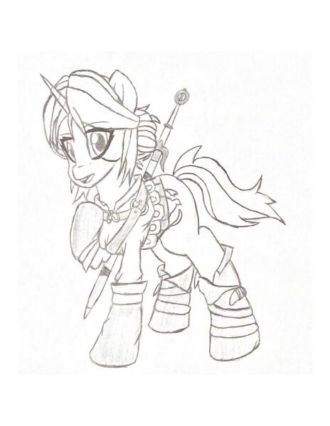Size: 1275x1650 | Tagged: safe, artist:artevi, derpibooru import, ponified, pony, unicorn, ciri, clothes, female, image, jpeg, mare, pencil drawing, solo, sword, traditional art, video game, weapon, witcher