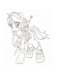 Size: 1275x1650 | Tagged: safe, artist:artevi, derpibooru import, ponified, pony, unicorn, ciri, clothes, female, image, jpeg, mare, pencil drawing, solo, sword, traditional art, video game, weapon, witcher