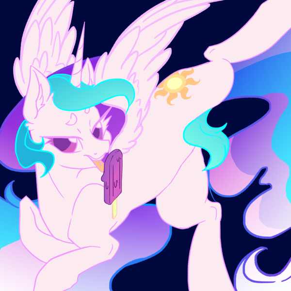Size: 2000x2000 | Tagged: suggestive, artist:dankpegasista, derpibooru import, princess celestia, alicorn, pony, butt, colored, colored eyelashes, colored lineart, colored pupils, derpibooru exclusive, ear fluff, ethereal mane, ethereal tail, eyebrows, eyelashes, feathered wings, female, flank, flat colors, food, horn, ice cream, image, large wings, licking, long eyelashes, long hair, long horn, looking at you, lying down, mare, melting, mlem, png, popsicle, prone, raised leg, silly, simple background, solo, spread legs, spread wings, spreading, sternocleidomastoid, sunbutt, tail, teeth, tongue out, wings, wip