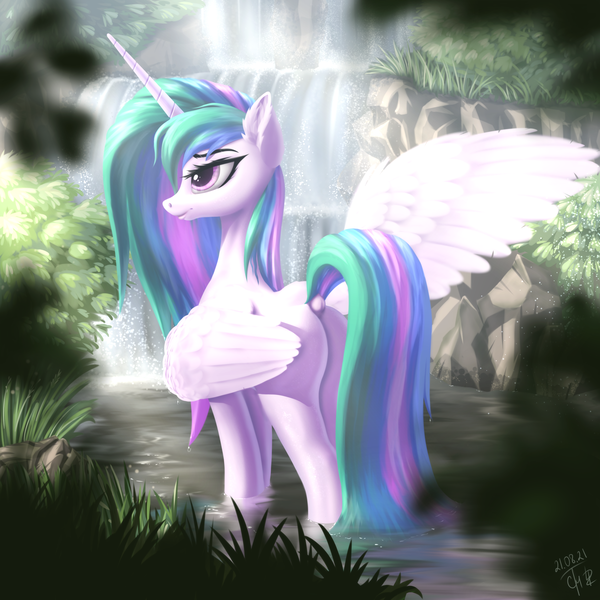 Size: 2560x2560 | Tagged: safe, artist:cherrymocaccino, artist:zuko42, derpibooru import, princess celestia, alicorn, pony, bush, butt, dock, ear fluff, female, forest, grass, image, mare, plot, png, pond, scenery, solo, spread wings, tree, water, waterfall, wet, wet mane, wings