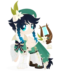 Size: 1920x2048 | Tagged: safe, artist:kabuvee, derpibooru import, ponified, pony, clothes, dress, genshin impact, image, lyre, musical instrument, png, simple background, solo, transparent background, venti (genshin impact)