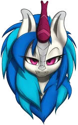 Size: 1229x1961 | Tagged: safe, artist:ikarooz, derpibooru import, vinyl scratch, kirin, pony, bust, female, image, kirinified, lidded eyes, looking at you, mare, png, portrait, simple background, smiling, solo, species swap