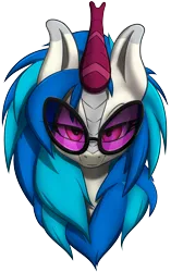 Size: 1639x2615 | Tagged: safe, alternate version, artist:ikarooz, derpibooru import, vinyl scratch, kirin, pony, bust, female, image, kirinified, lidded eyes, looking at you, mare, png, portrait, simple background, smiling, solo, species swap, sunglasses