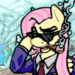 Size: 750x750 | Tagged: safe, artist:powknee, derpibooru import, fluttershy, rainbow dash, oc, pegasus, pony, business suit, cigar, cigarette, clothes, coughing, female, gas mask, grin, image, jpeg, looking at you, mare, mask, smiling, smoke, smoking, solo focus, sunglasses, trio