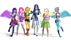 Size: 2732x1536 | Tagged: safe, artist:shipposhi, derpibooru import, applejack, fluttershy, pinkie pie, rainbow dash, rarity, twilight sparkle, human, equestria girls, 3d, blushing, boots, clothes, coat, eyes closed, female, horn, horned humanization, humanized, image, mane six, mary janes, midriff, open mouth, peace sign, png, pony coloring, shoes, shorts, simple background, skirt, smiling, sneakers, socks, striped socks, sunglasses, sunglasses on head, sweater, sweatershy, thigh highs, transparent background, winged humanization, wings