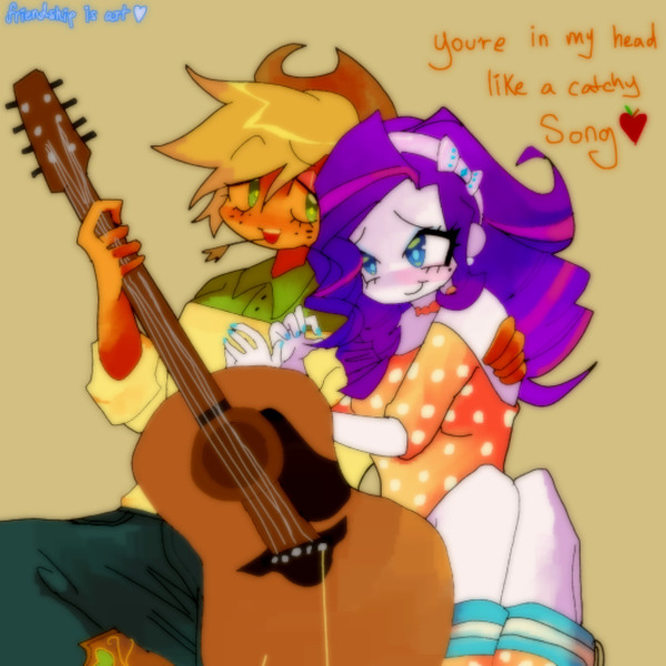 Size: 1598x1598 | Tagged: safe, artist:friendshipisart, derpibooru import, applejack, rarity, human, equestria girls, blushing, clothes, duo, female, freckles, guitar, hat, heart, hug, image, jpeg, lesbian, looking at each other, looking at someone, musical instrument, rarijack, shipping, sitting, smiling, text