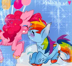 Size: 1870x1706 | Tagged: safe, artist:friendshipisart, derpibooru import, pinkie pie, rainbow dash, earth pony, pegasus, pony, balloon, blushing, boop, chest fluff, cloud, duo, eyes closed, female, floating, image, jpeg, lesbian, lying down, noseboop, pinkiedash, shipping, smiling, then watch her balloons lift her up to the sky, unshorn fetlocks