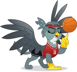 Size: 5812x5456 | Tagged: safe, artist:anime-equestria, derpibooru import, gabby, gryphon, basketball, clothes, eyes closed, headband, image, jersey, png, shorts, simple background, sports, transparent background, vector, vest, wings