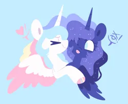 Size: 1043x841 | Tagged: safe, artist:glowfangs, derpibooru import, princess celestia, princess luna, alicorn, pony, :p, bust, duo, frown, heart, image, one eye closed, png, simple background, smiling, tongue out, wings, wink