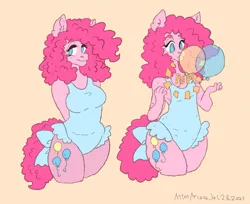Size: 2124x1735 | Tagged: safe, artist:antonarcana, derpibooru import, pinkie pie, anthro, balloon, balloon boobs, bow, clothes, cute, image, png, simple background, stuffing, swimsuit, tail, tail bow