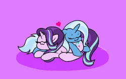 Size: 1900x1200 | Tagged: safe, artist:pertdegert, derpibooru import, starlight glimmer, trixie, pony, unicorn, :3, cuddling, duo, eyes closed, female, heart, image, lesbian, lying down, png, shipping, simple background, sleeping, smiling, startrix