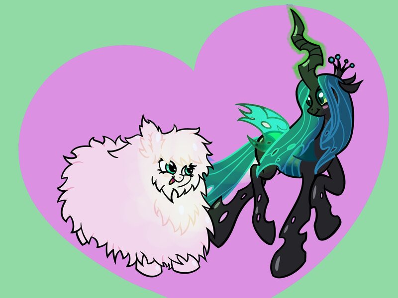 Size: 1600x1200 | Tagged: safe, artist:pertdegert, derpibooru import, queen chrysalis, oc, oc:fluffle puff, changeling, changeling queen, duo, female, heart, image, jpeg, looking at each other, looking at someone, simple background, smiling