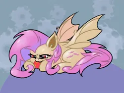 Size: 1600x1200 | Tagged: safe, artist:pertdegert, derpibooru import, fluttershy, bat pony, pony, apple, bat ponified, fangs, flutterbat, food, image, jpeg, lying down, race swap, simple background, smiling, solo, spread wings, wings