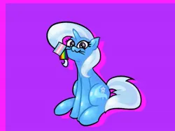 Size: 1600x1200 | Tagged: safe, artist:pertdegert, derpibooru import, trixie, pony, unicorn, :3, gay pride flag, image, jpeg, looking at you, pride, pride flag, simple background, sitting, smiling, solo, transgender pride flag