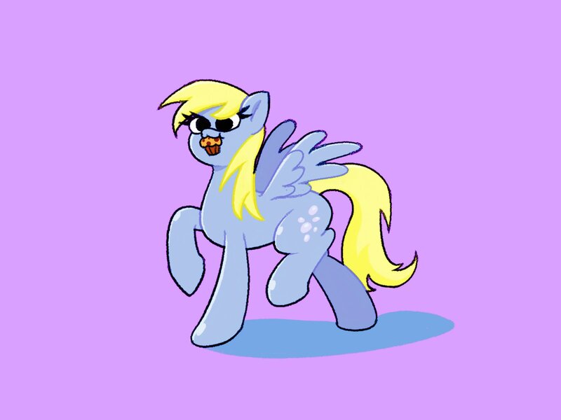 Size: 1600x1200 | Tagged: safe, artist:pertdegert, derpibooru import, derpy hooves, pegasus, pony, food, image, jpeg, mouth hold, muffin, simple background, smiling, solo, spread wings, wings