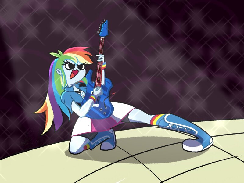 Size: 1600x1200 | Tagged: safe, artist:pertdegert, derpibooru import, rainbow dash, human, equestria girls, clothes, guitar, image, jpeg, musical instrument, open mouth, simple background, skirt, solo