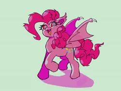 Size: 1600x1200 | Tagged: safe, artist:pertdegert, derpibooru import, pinkie pie, bat pony, pony, bat ears, bat wings, fangs, image, jpeg, open mouth, raised hoof, simple background, solo, wings