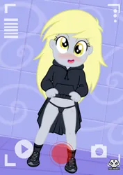 Size: 2480x3507 | Tagged: suggestive, artist:theminus, banned from derpibooru, derpy hooves, comic:ice cream, equestria girls, camera shot, clothes, female, hoodie, image, jpeg, lolicon, looking at you, panties, presenting, shoes, skirt, skirt lift, smiling, thong, underage, underwear, younger