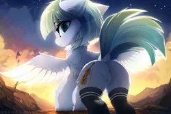 Size: 1600x1067 | Tagged: safe, artist:magnaluna, derpibooru import, oc, oc:silky strings, unofficial characters only, pegasus, pony, butt, clothes, dock, ear fluff, featureless crotch, female, image, jpeg, looking at you, looking back, looking back at you, mare, pegasus oc, plot, rear view, scenery, socks, solo, spread wings, sunshine, tail, wings