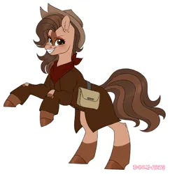 Size: 882x906 | Tagged: safe, artist:dozyarts, derpibooru import, oc, oc:tarnished clutter, unofficial characters only, earth pony, fallout equestria, bag, bandana, clothes, coat, cowboy hat, fallout, grin, hat, image, jpeg, looking at you, makeup, raffle prize, rearing, simple background, smiling, solo, white background