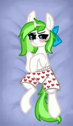 Size: 1187x2048 | Tagged: suggestive, artist:nootaz, derpibooru import, oc, oc:minty root, pony, unicorn, blushing, body pillow, body pillow design, bow, boxers, clothes, dakimakura cover, hair bow, heart, heart print underwear, image, jpeg, ponies in boxers, scrunchy face, solo, underwear