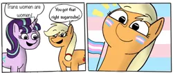 Size: 1080x458 | Tagged: safe, anonymous editor, artist:gamedevanon, derpibooru import, edit, edited edit, applejack, starlight glimmer, earth pony, pony, unicorn, 2 panel comic, applebetes, comic, cute, dialogue, duo, duo female, emanata, eyebrows, face paint, female, flag, glimmerbetes, happy, image, jackabetes, lgbt, lgbtq, male to female, mare, mouthpiece, open mouth, open smile, png, pride, pride flag, raised eyebrow, raised eyebrows, smiling, speech bubble, stonetoss, talking, trans female, transgender, transgender pride flag