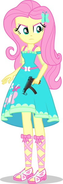 Size: 616x1797 | Tagged: safe, artist:dustinwatsongkx, artist:edy_january, derpibooru import, edit, vector edit, fluttershy, human, scorpion, equestria girls, angry, base used, butterfly hairpin, fluttershy boho dress, geode of fauna, gun, image, magical geodes, png, simple background, solo, submachinegun, transparent background, trigger discipline, vector, vector used, vz.61 skorpion, weapon