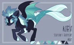 Size: 1920x1163 | Tagged: safe, artist:bishopony, derpibooru import, oc, oc:kiba (bishopony), unofficial characters only, bat pony, fish, hybrid, pony, seapony (g4), amputee, blue mane, blue tail, dorsal fin, fangs, fin, fish tail, image, jpeg, male, reference sheet, simple background, solo, spread wings, stallion, tail, wings